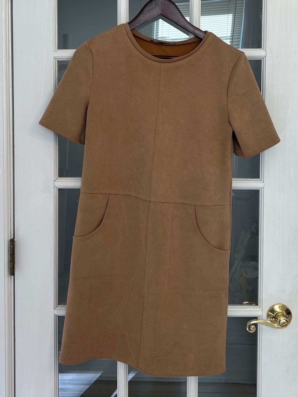 ZARA Women's Tan Faux Suede Short Sleeve Shift Dress Size S